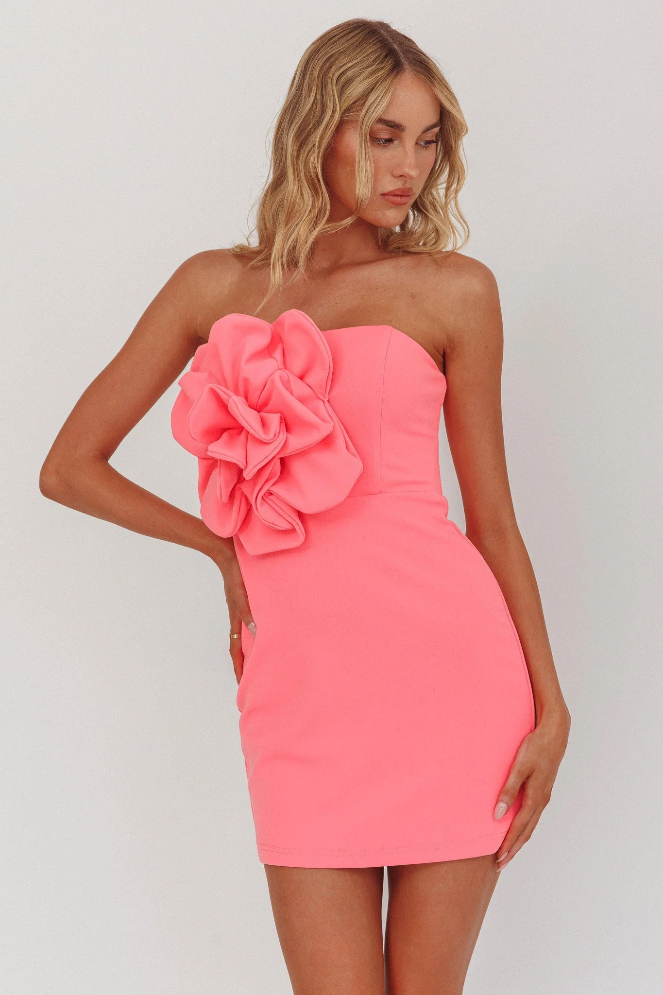 Karoline 3D Flower Strapless Mini Dress Pink - FASHION NOB