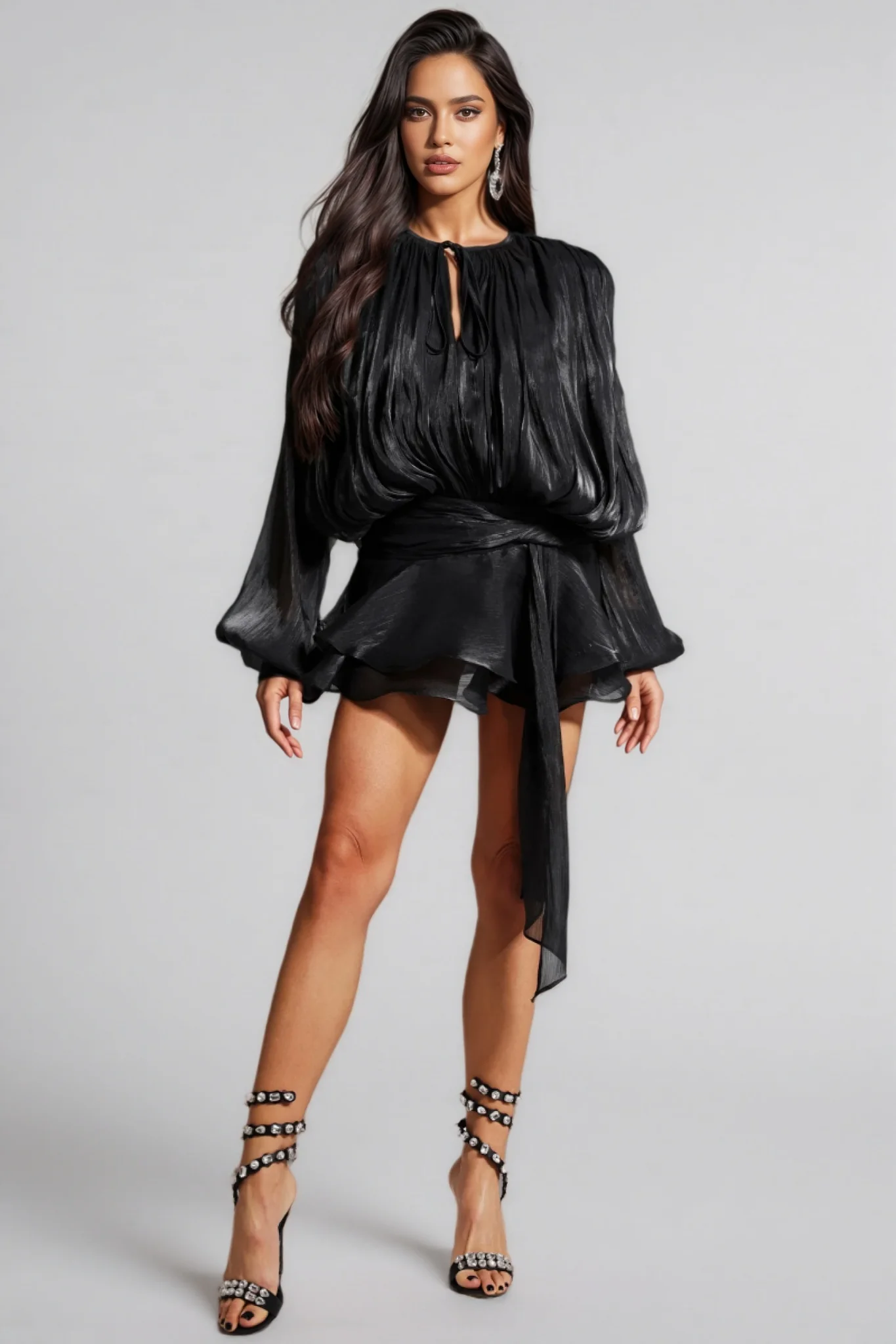 Camellia Black Pleated Ruffle Mini Dress