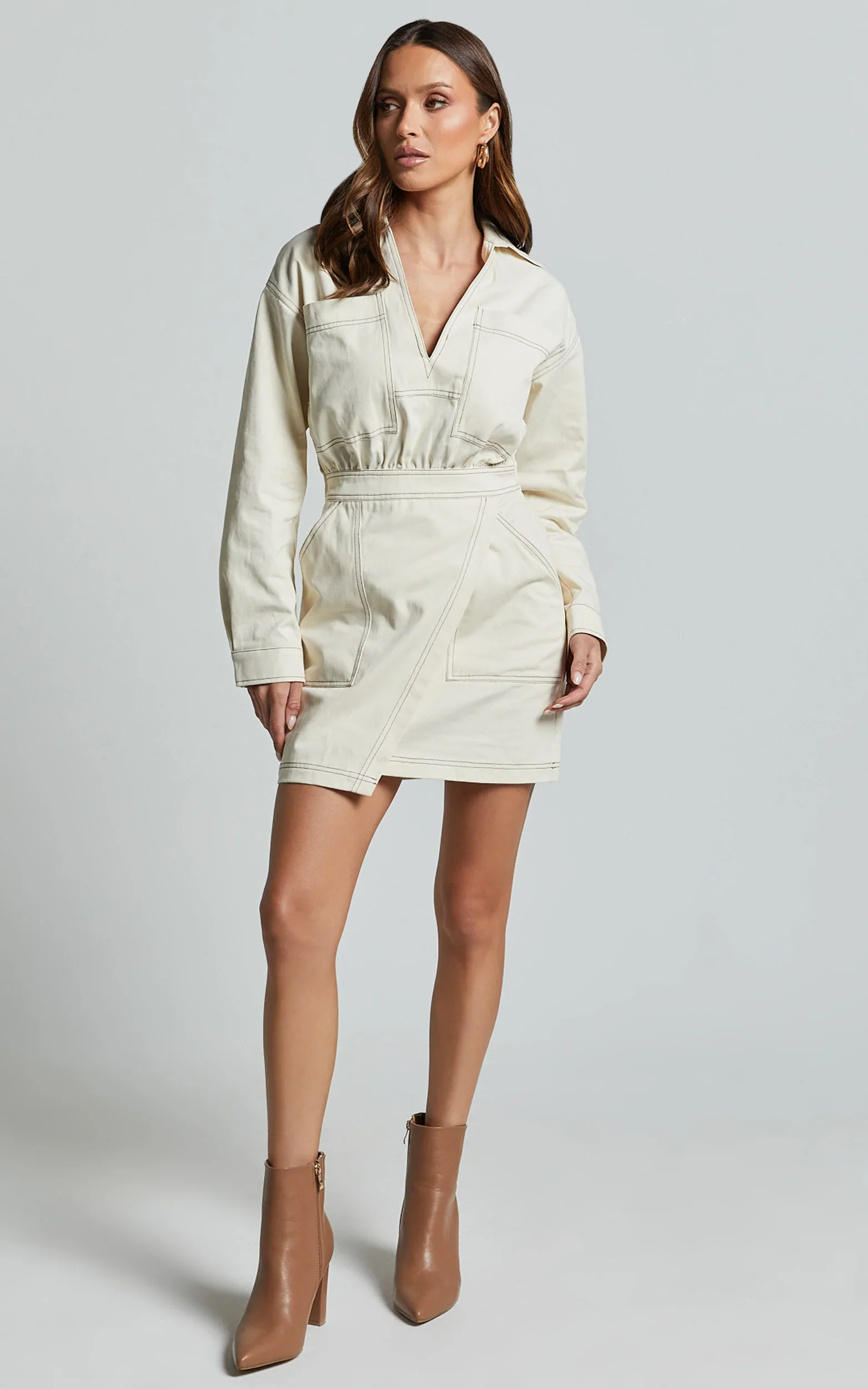 Lilianna Mini Dress - V Neck Long Sleeve Wrap Dress in Cream