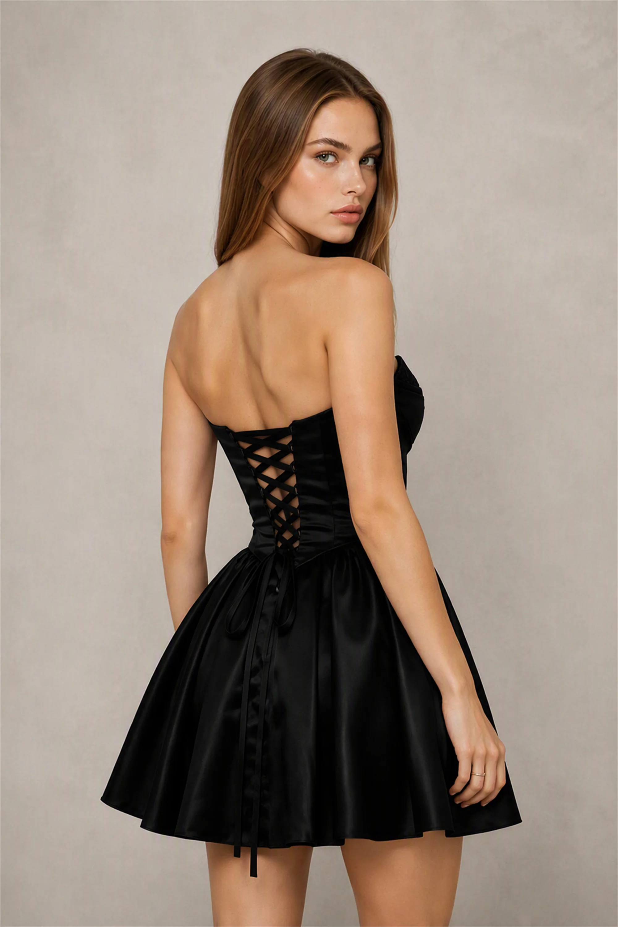 BOLODOO Black Satin Sequin Sweetheart Strapless Corset Lace-Up Back A-Line Mini Dress | Prom Cocktail Homecoming Dress