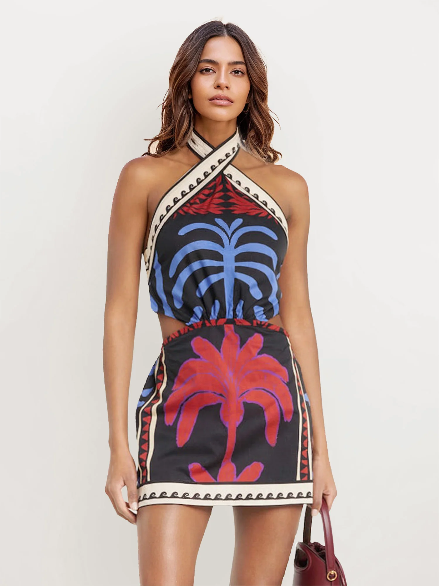 Tropical Print Halter Neck Mini Dress