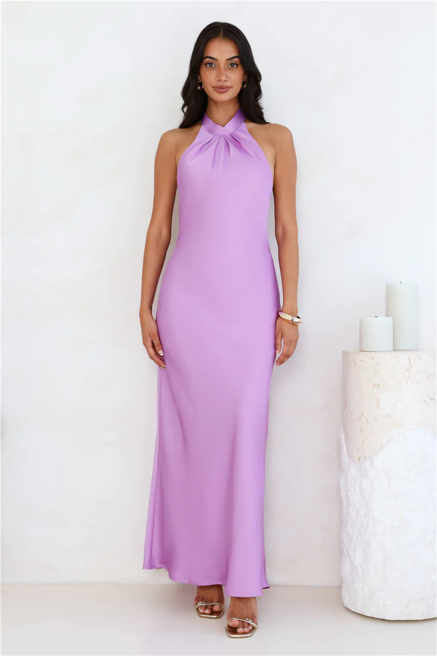 Delicate Dazzle Halter Satin Maxi Dress Purple
