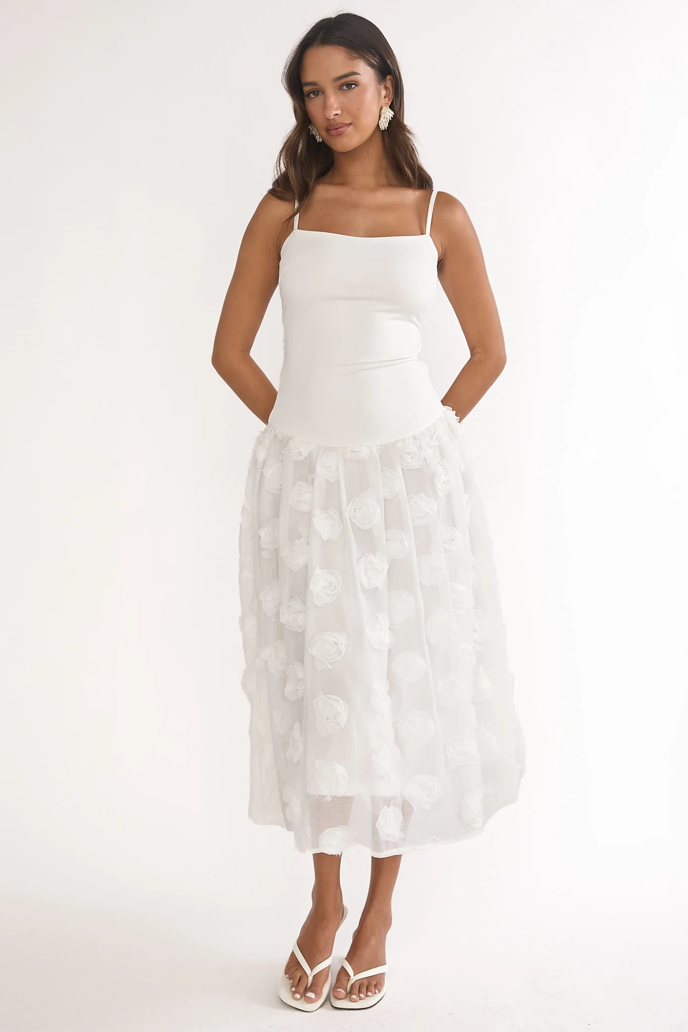 Adley Embellished Drop Waist Midi Dress White - luluinthesky