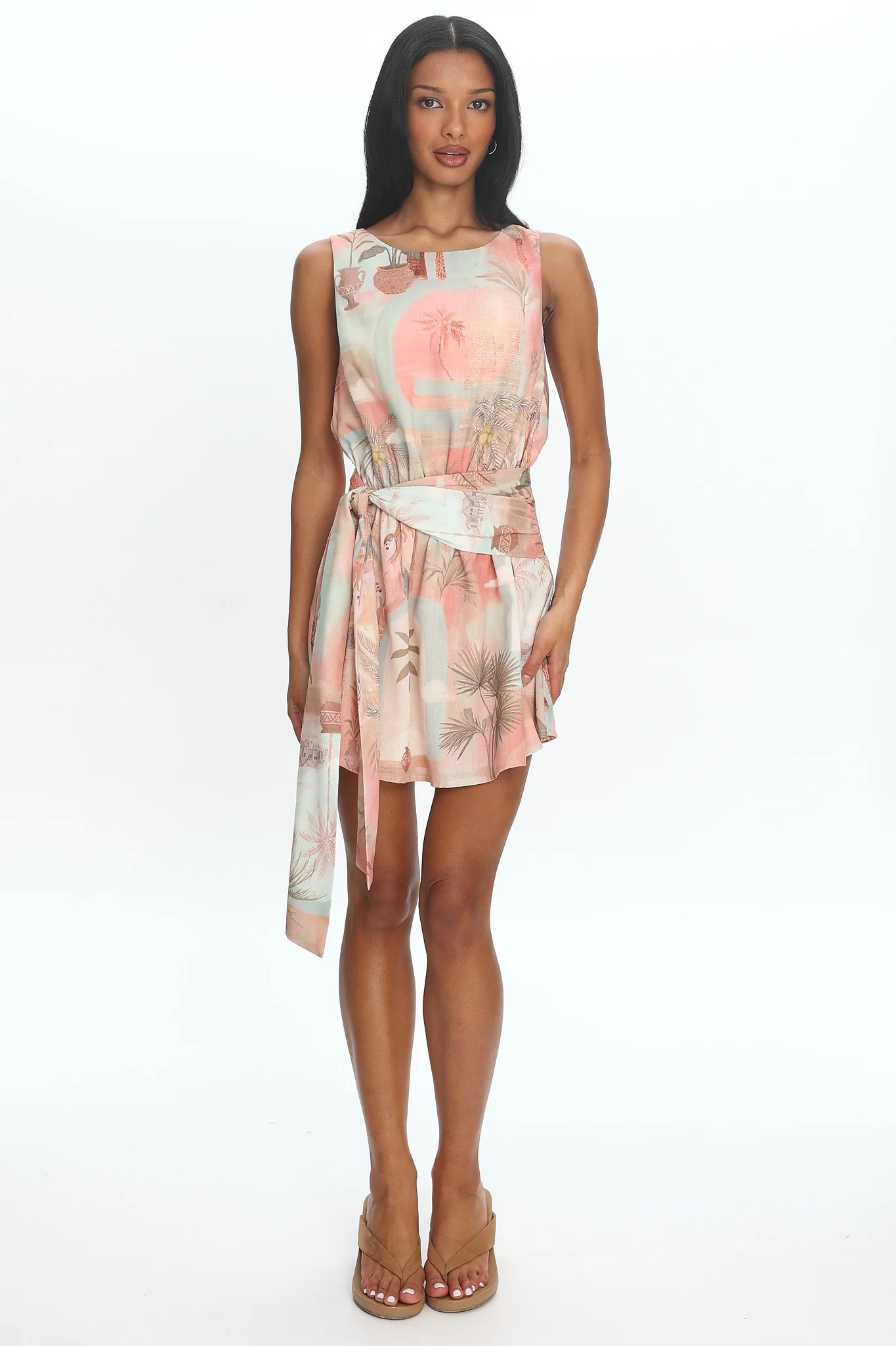 Summerlind Waist Sash Mini Dress Print Coral - luluinthesky