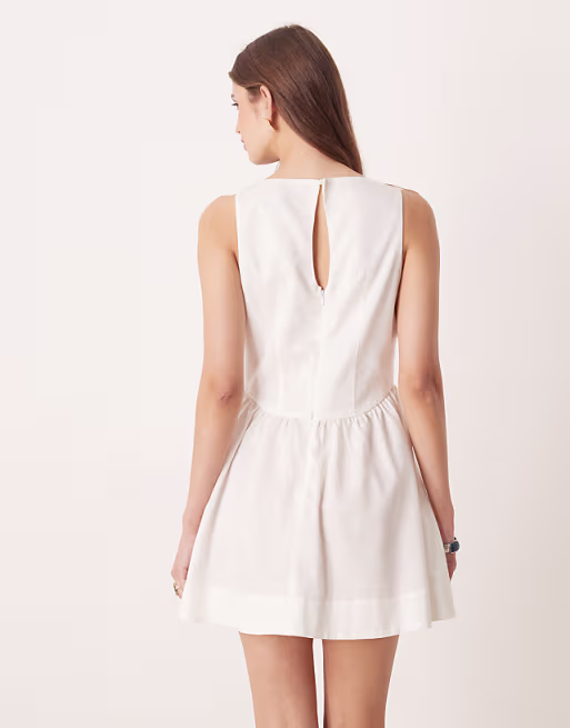 waisted v neck mini dress with seaming details in ecru