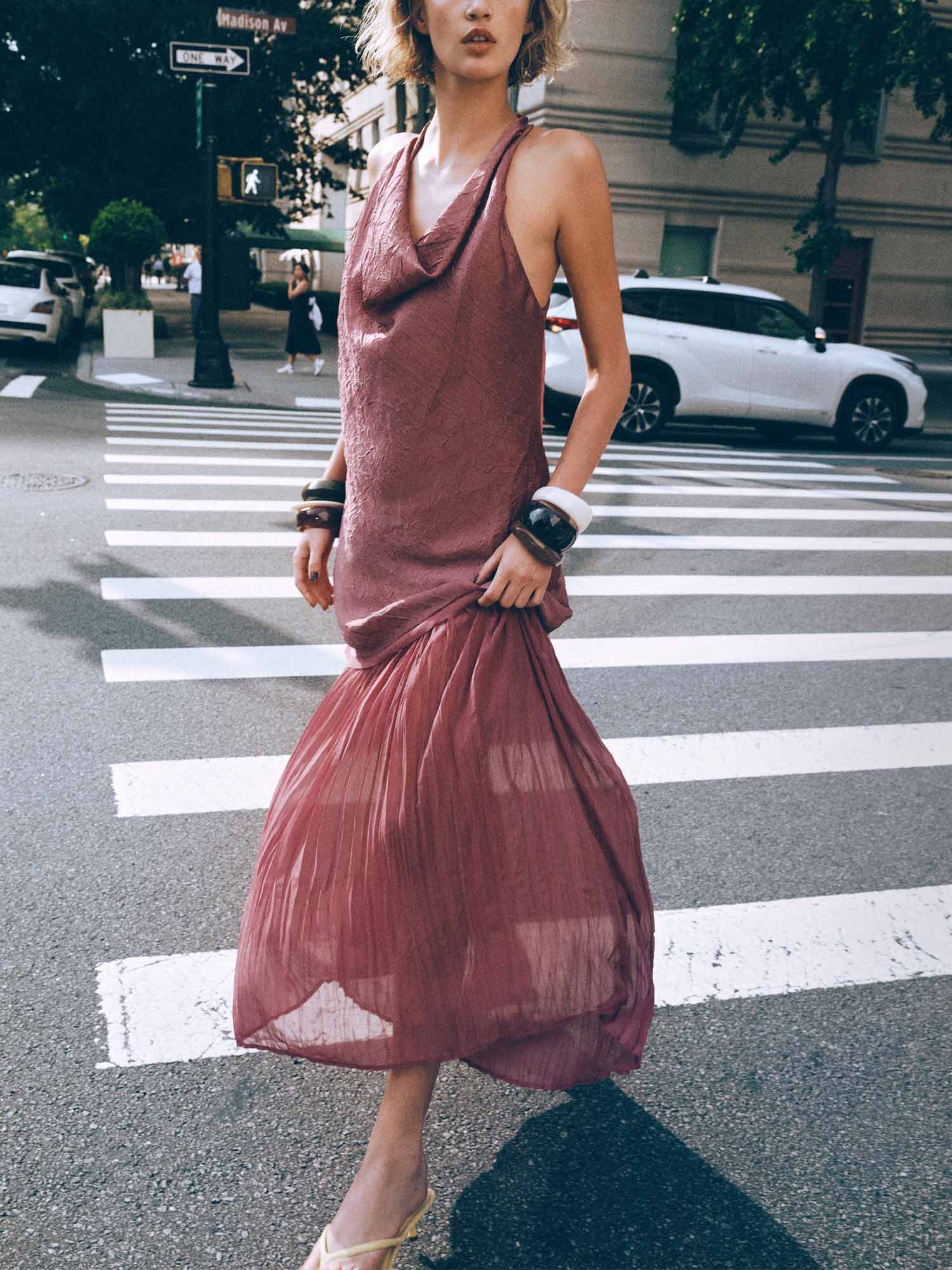 Dusty Rose Textured Halter Maxi Dress