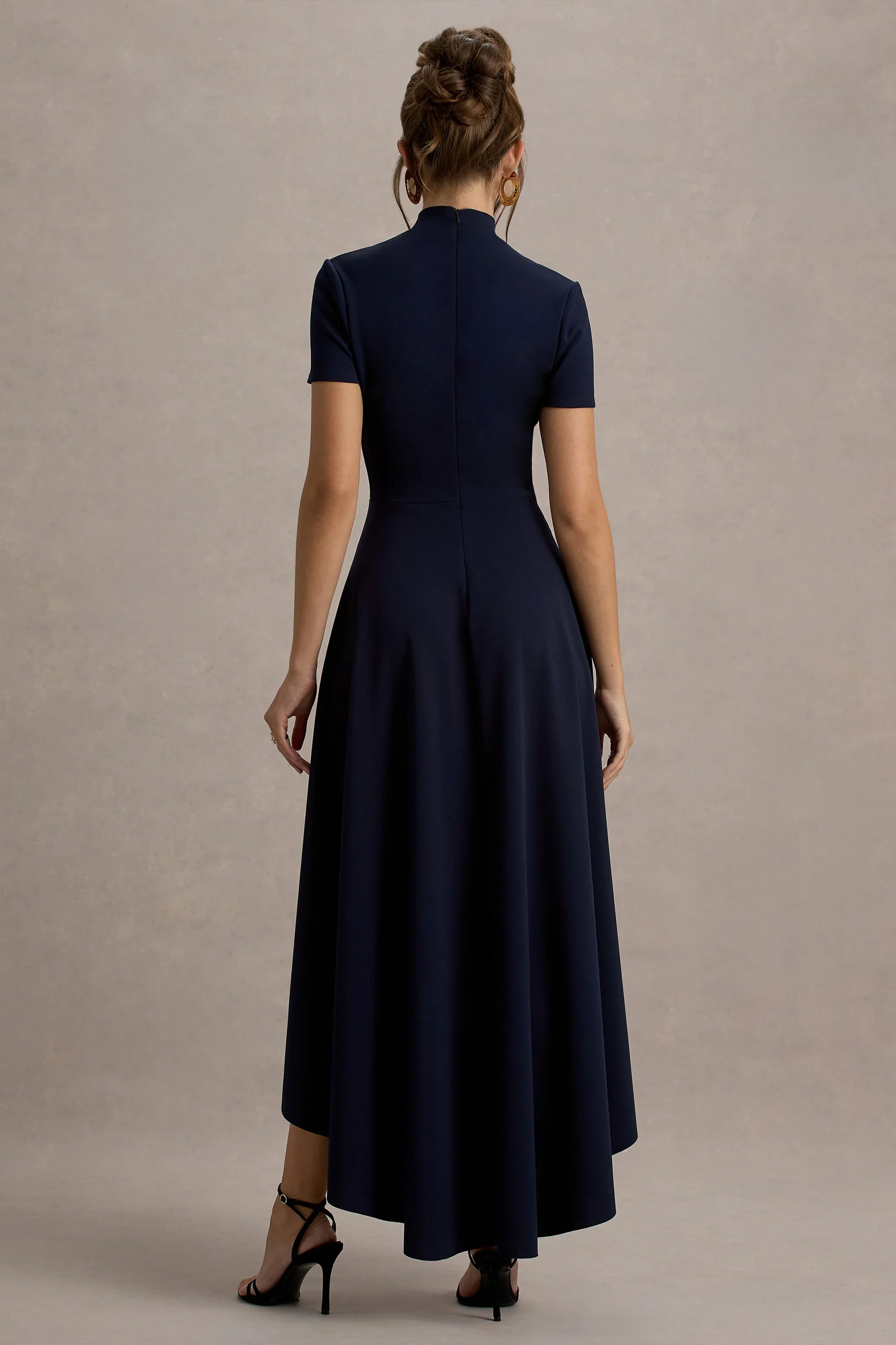 Bellona | Navy High-Neck High-Low Midi Dress