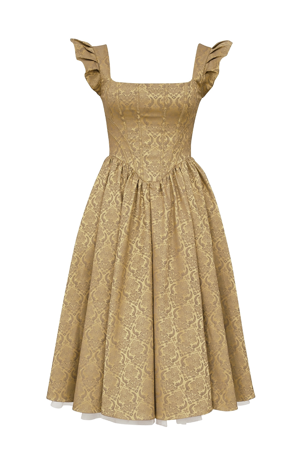 Gold Jacquard Midi Dress With Detachable Bow