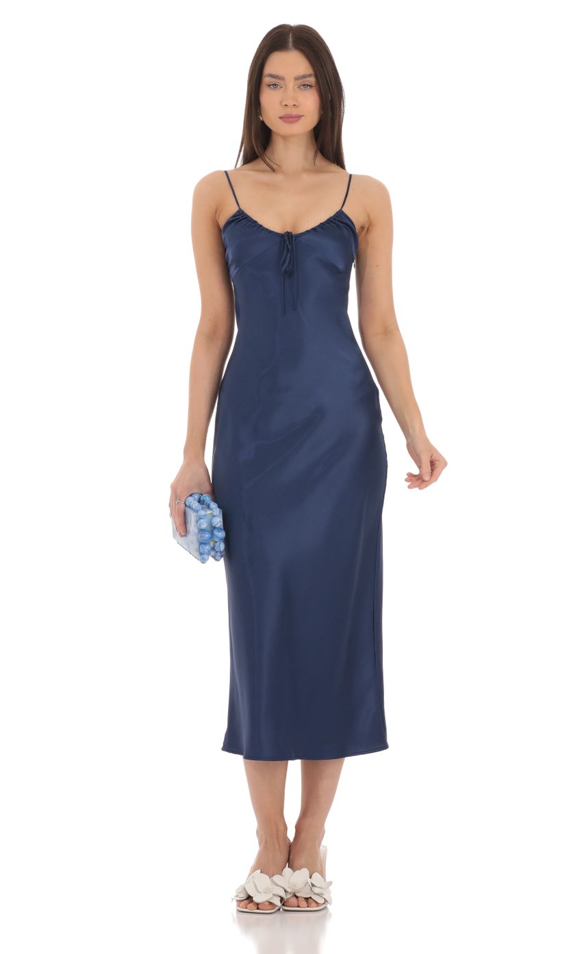 Satin Open Back Midi Dress in Navy