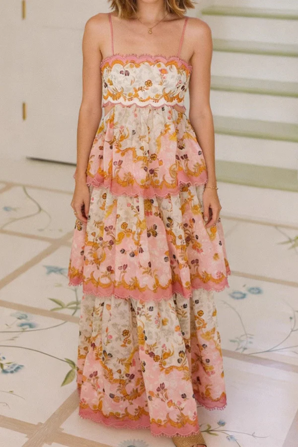 Daylight Unique Print Cutout Waist Back Lace-up Tiered Hem Maxi Dress - luluinthesky