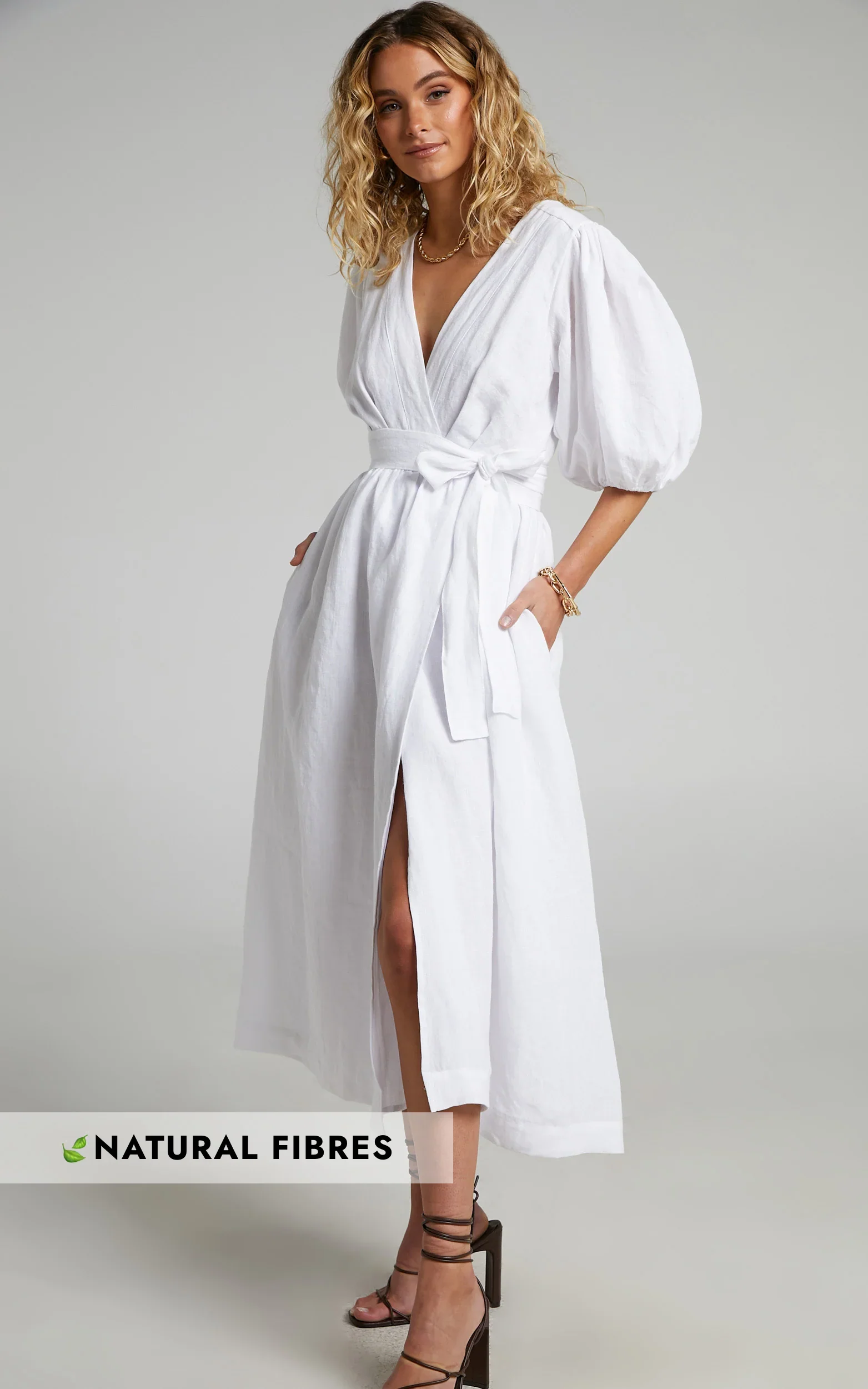 Amalie The Label - Franc Linen Puff Sleeve Wrap Midi Linen Dress - In White