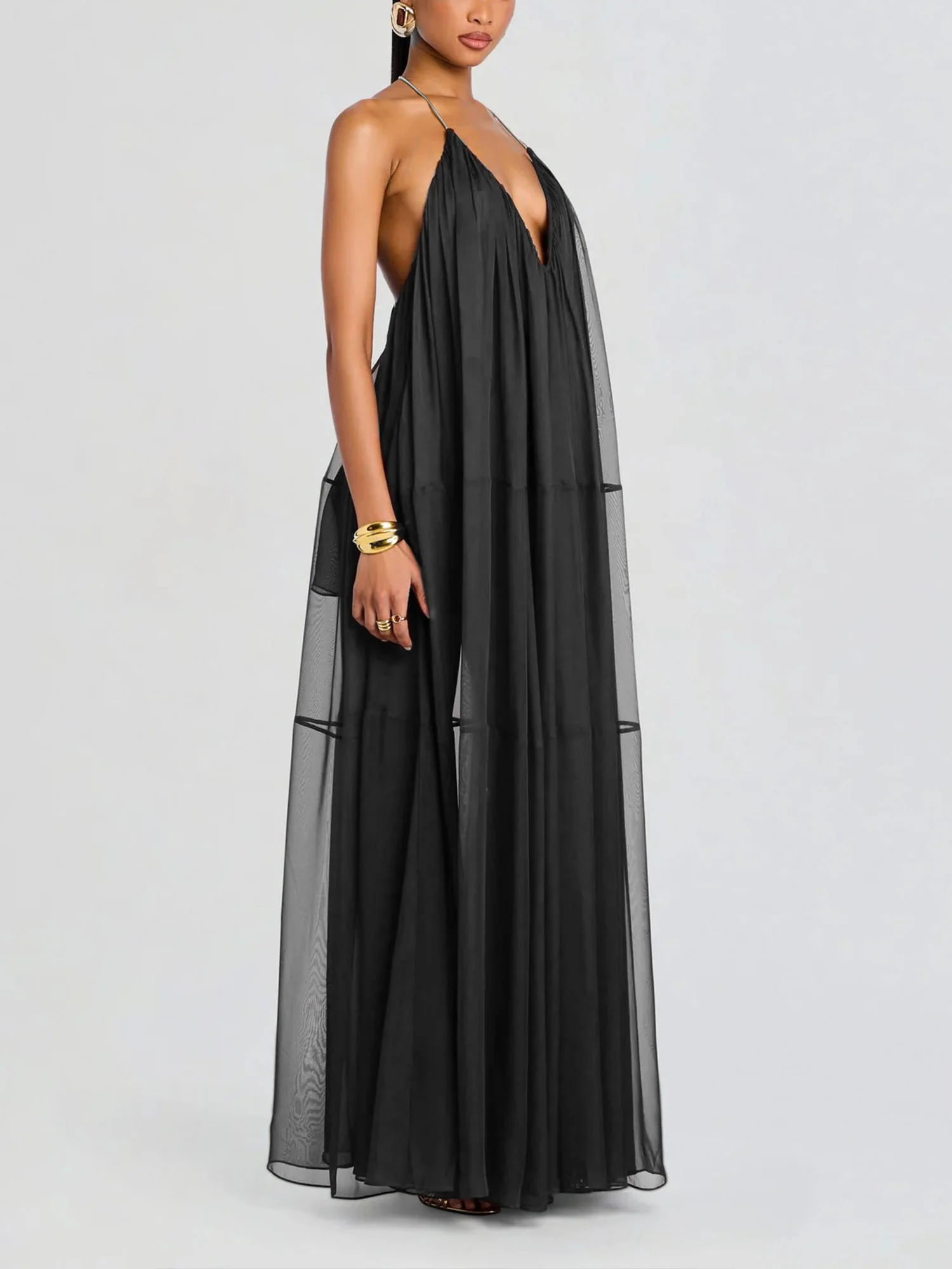 Sheer Draped Maxi Dress