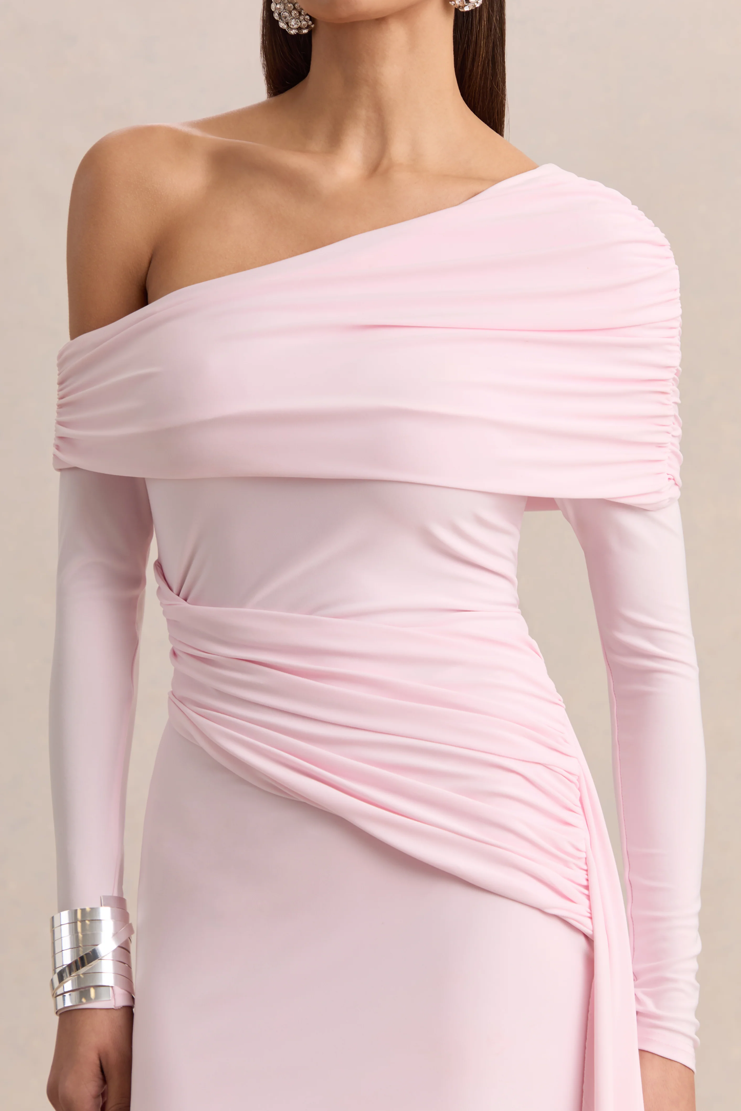 Savita | Light Pink Ruched Asymmetric Mini Dress With Drape