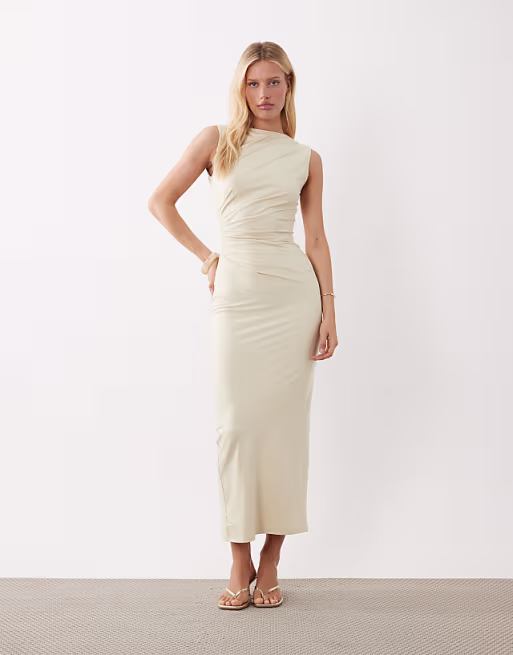 4th & Reckless slinky sleeveless ruched waist detail slash neck maxi dress in cream