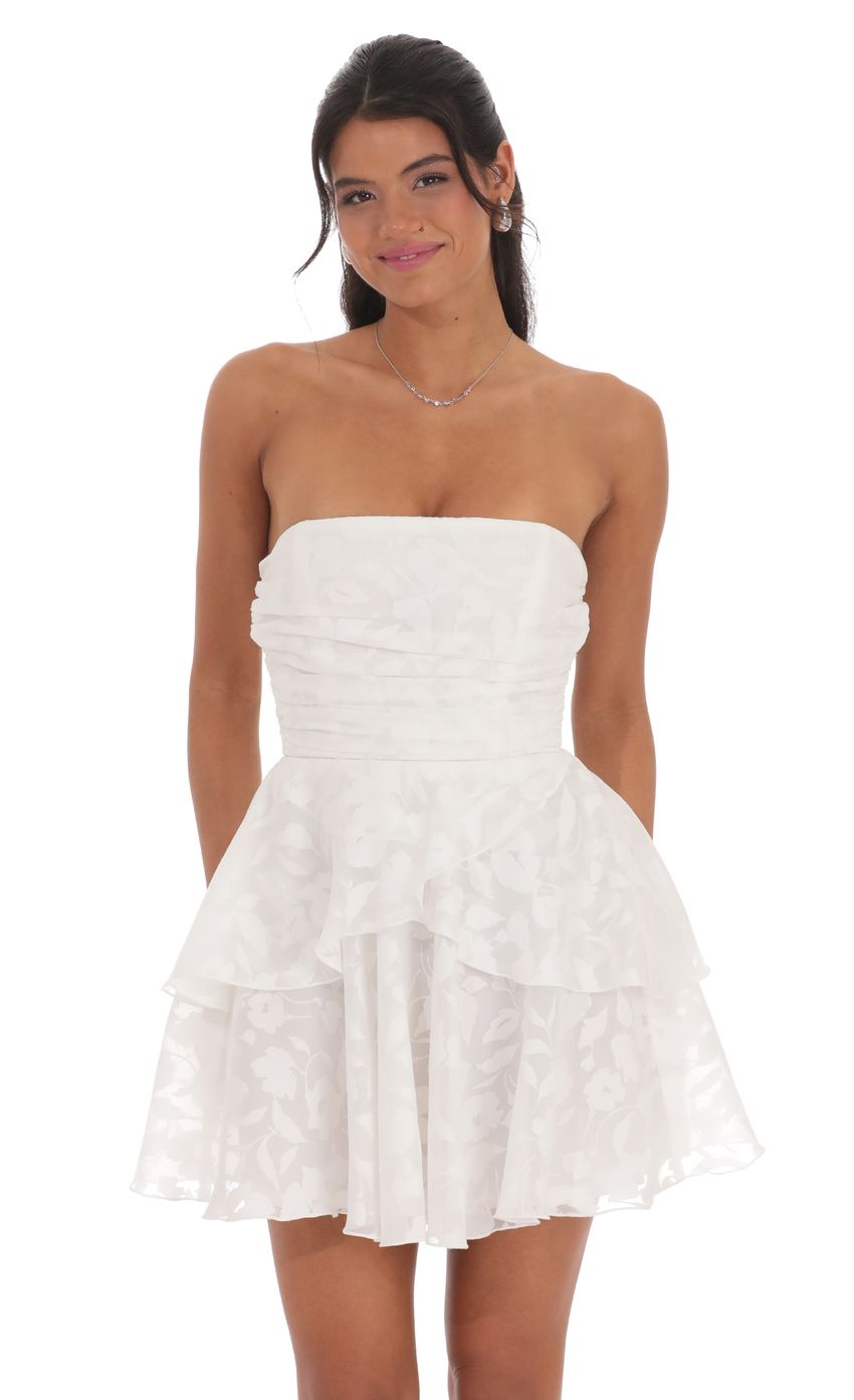 Floral Corset Strapless Ruffle Dress in White