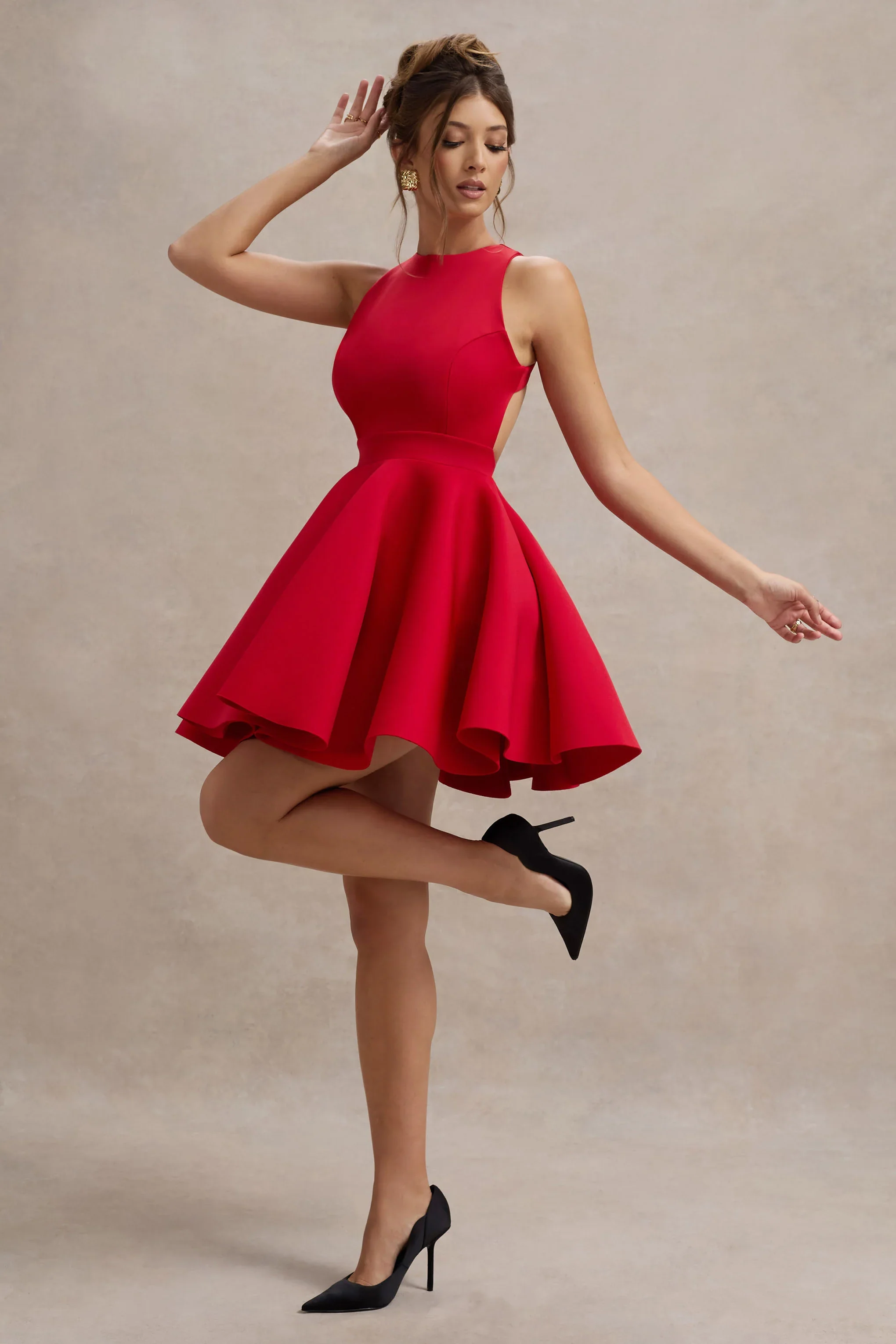 Waverly | Red Racer-Neck Sleeveless Skater Mini Dress