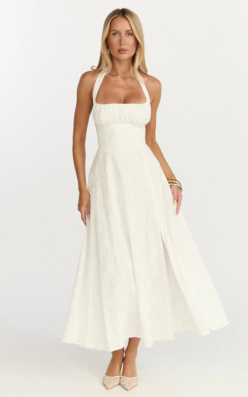 Lyra Midi Dress - Broderie Ruched Bust Halter Neck Dress in White - luluinthesky