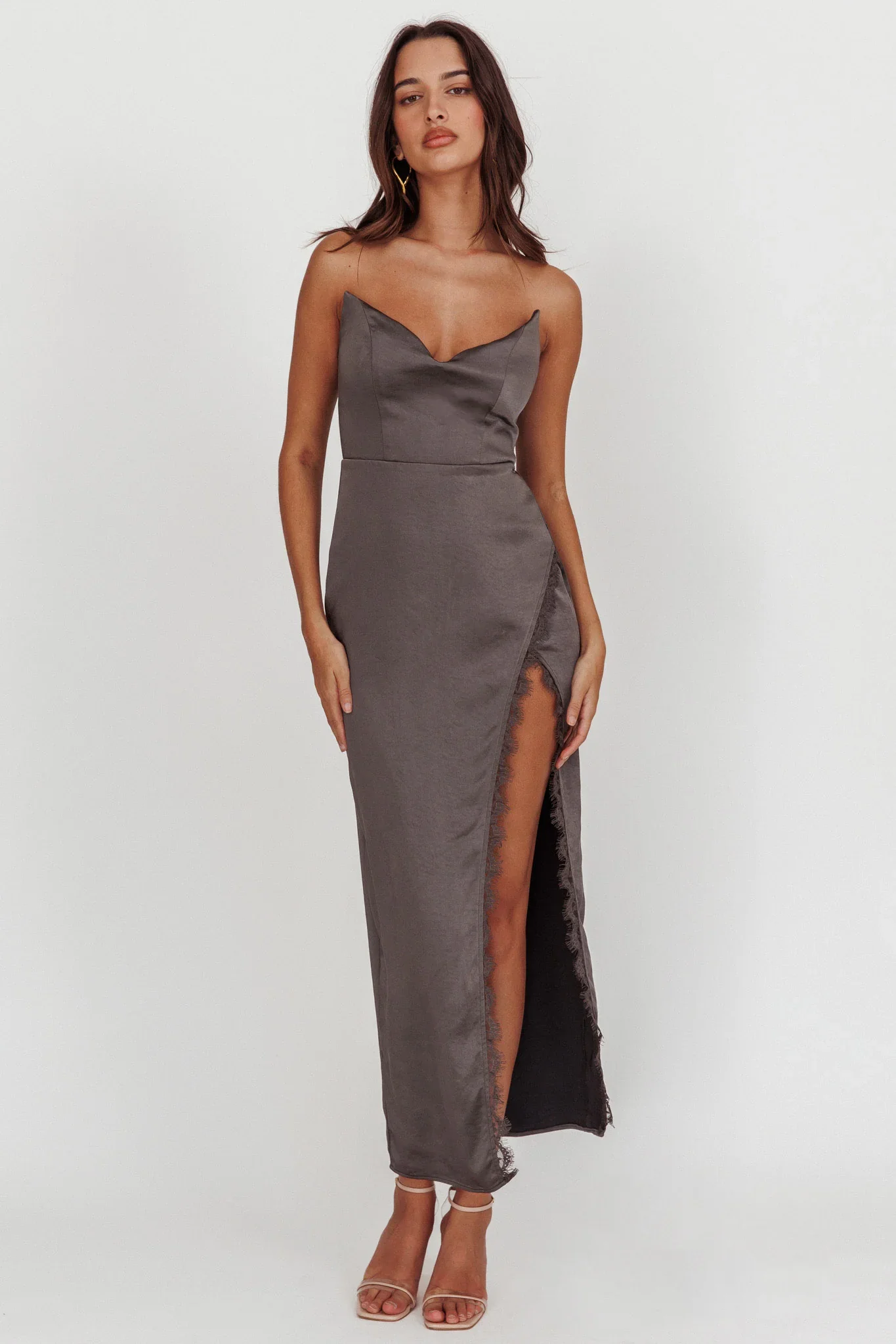 Winter Moon Strapless Lace Trim Midi Dress Charcoal