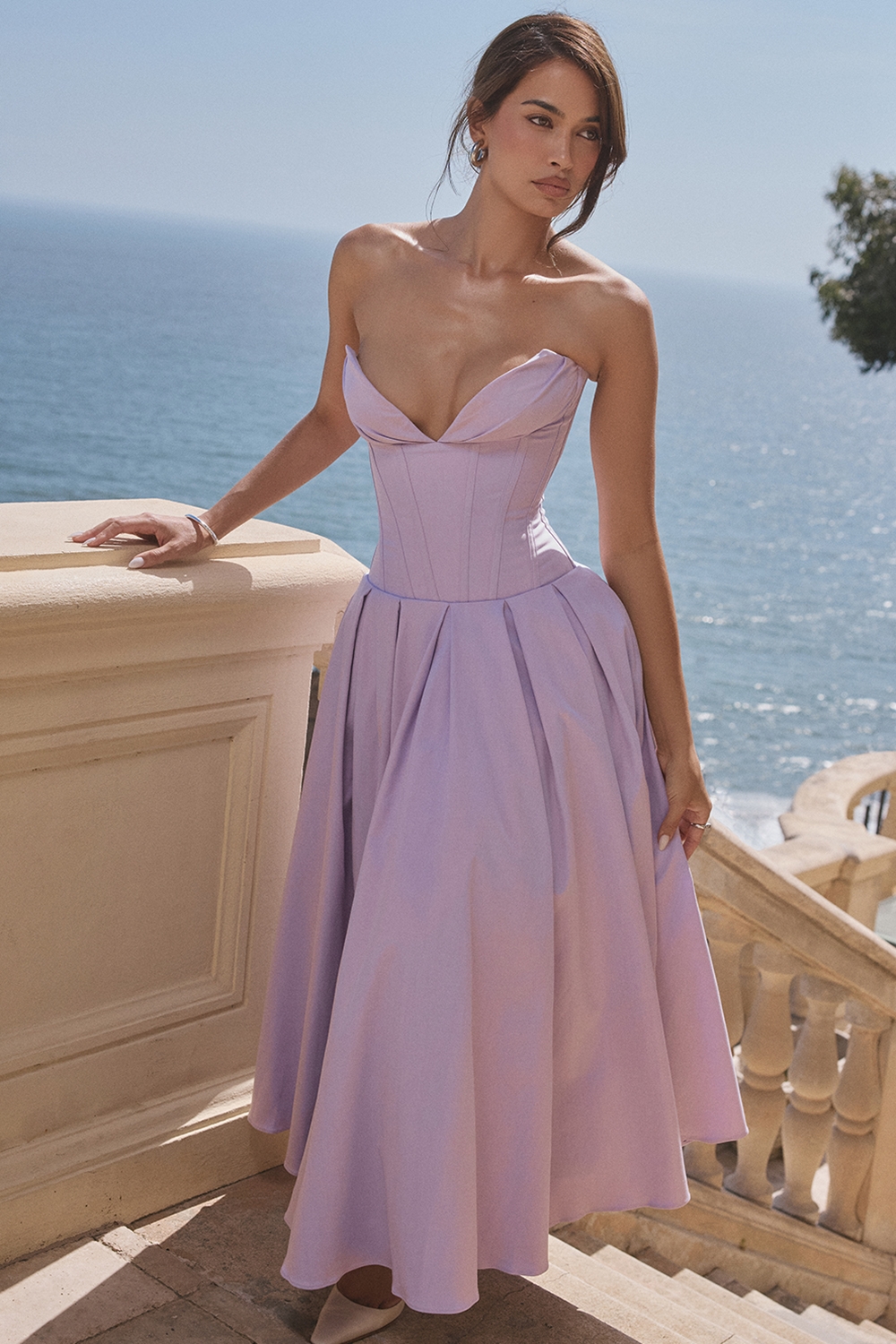 orchid twill strapless tulle midi dress