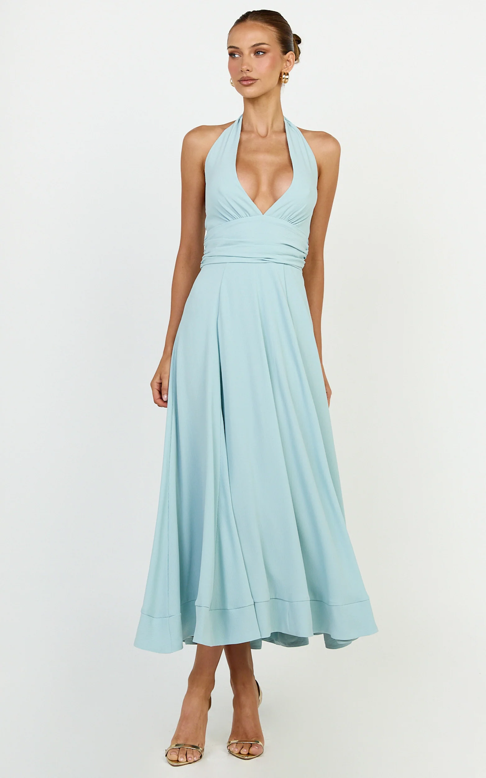 Vivia Maxi Dress - Gathered Waist Halter Dress in Blue