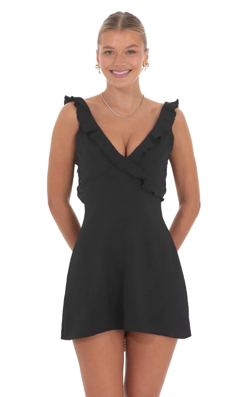 Ruffle V-Neck Dress in Black