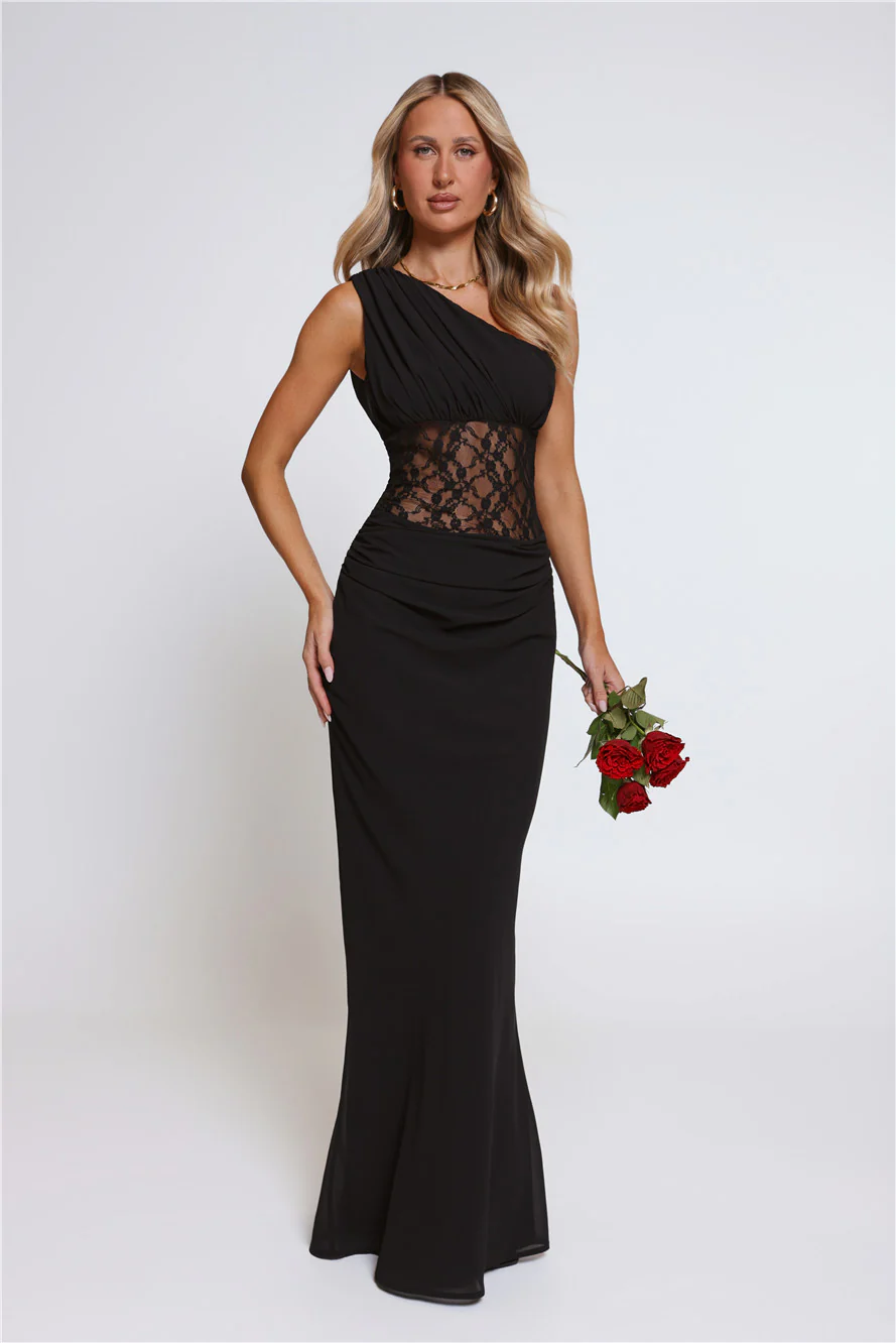 Lace Desire One Shoulder Maxi Dress Black