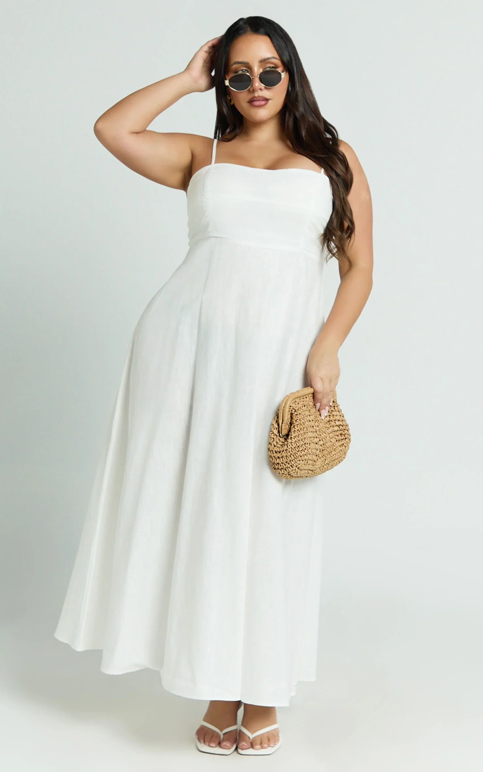Brette Midi Dress - Linen Straight Neck Strappy Fit And Flare Dress in White