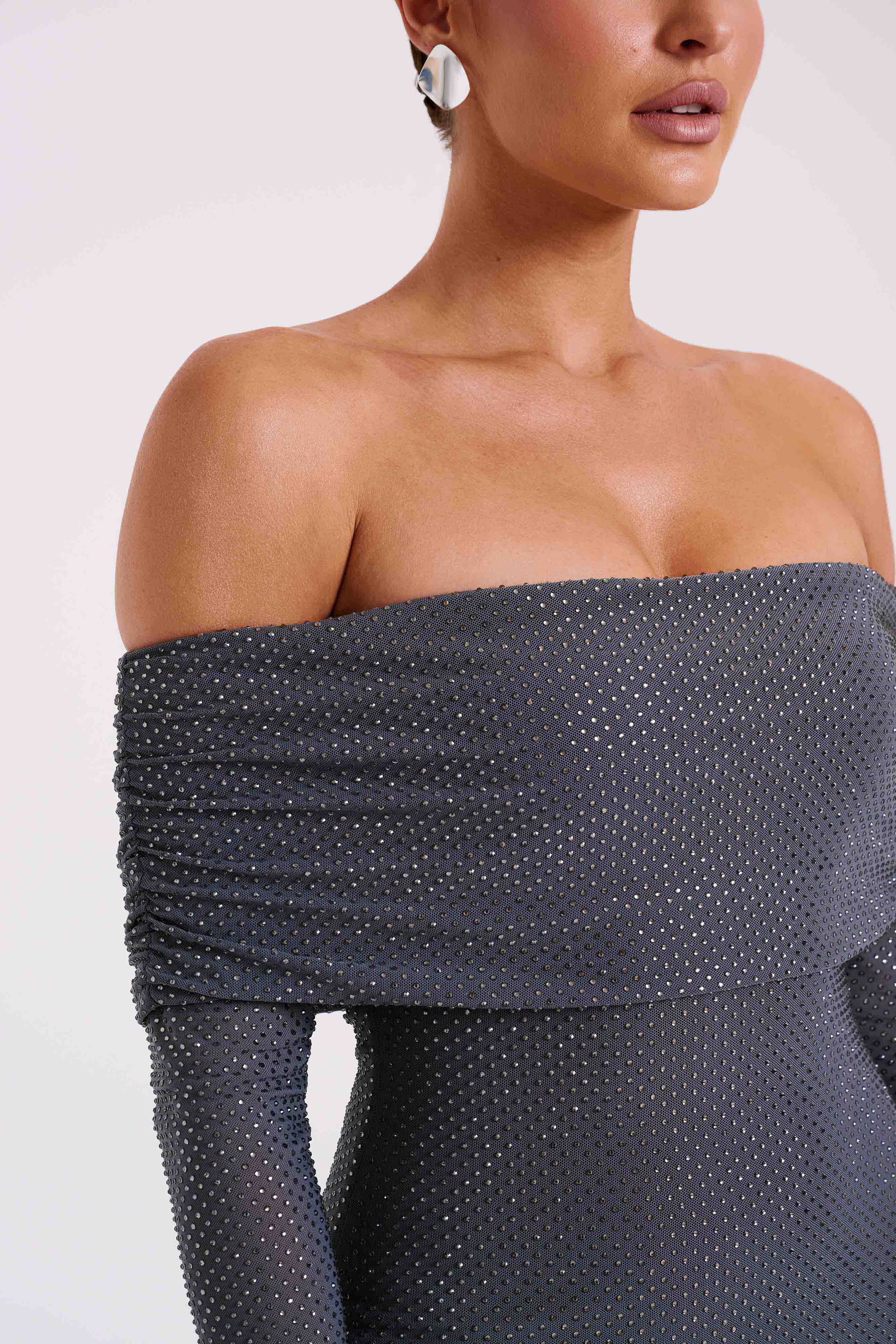 Marcel Off Shoulder Diamante Maxi Dress - Gunmetal/Chocolate