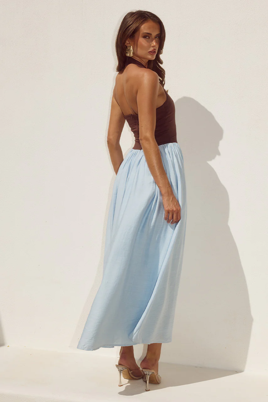 SAMMI HALTER MIDI DRESS - CHOCOLATE/SKY BLUE