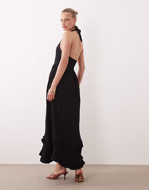 crochet halter tiered midi dress in black
