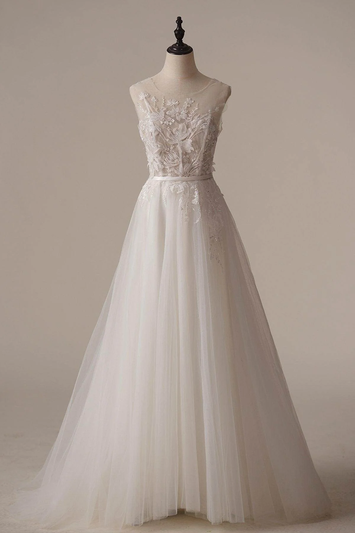 A-Line Sweep-Brush Train Lace Tulle Wedding Dress CW3090