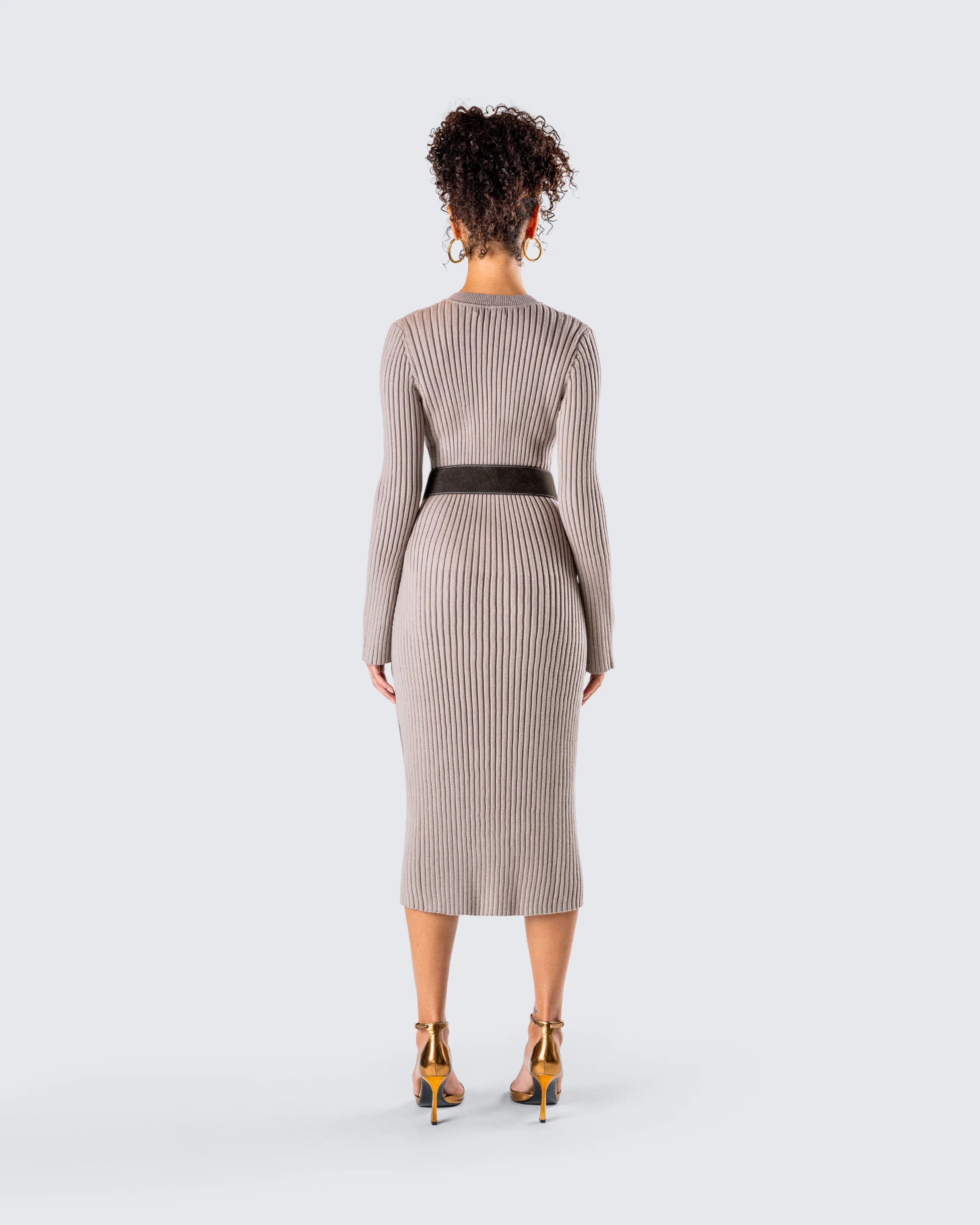 Rejina Taupe Wide Rib Midi Dress