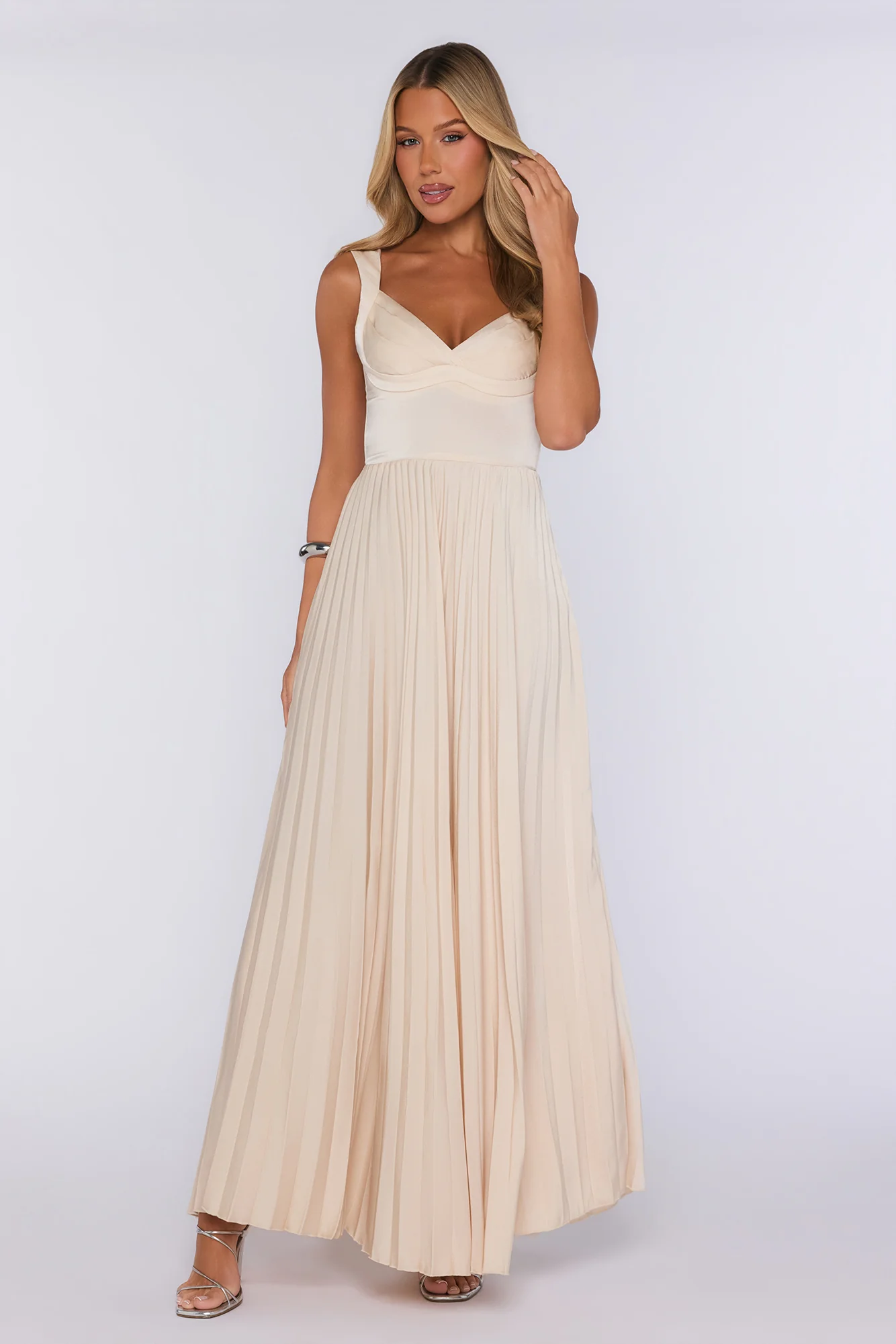 Satin Glow Pleated Maxi Dress Champagne