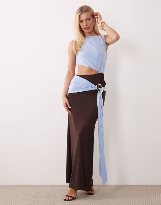 slinky color block slash neck maxi dress with gold trim detail in chocolate and baby blue