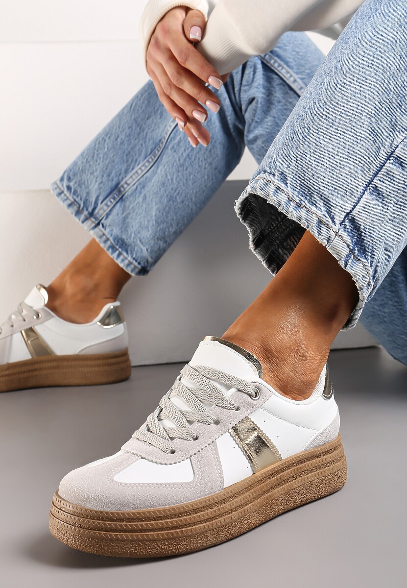 Szaro-Białe Sneakersy na Grubej Podeszwie z Ozdobnymi Przeszyciami Ysdole