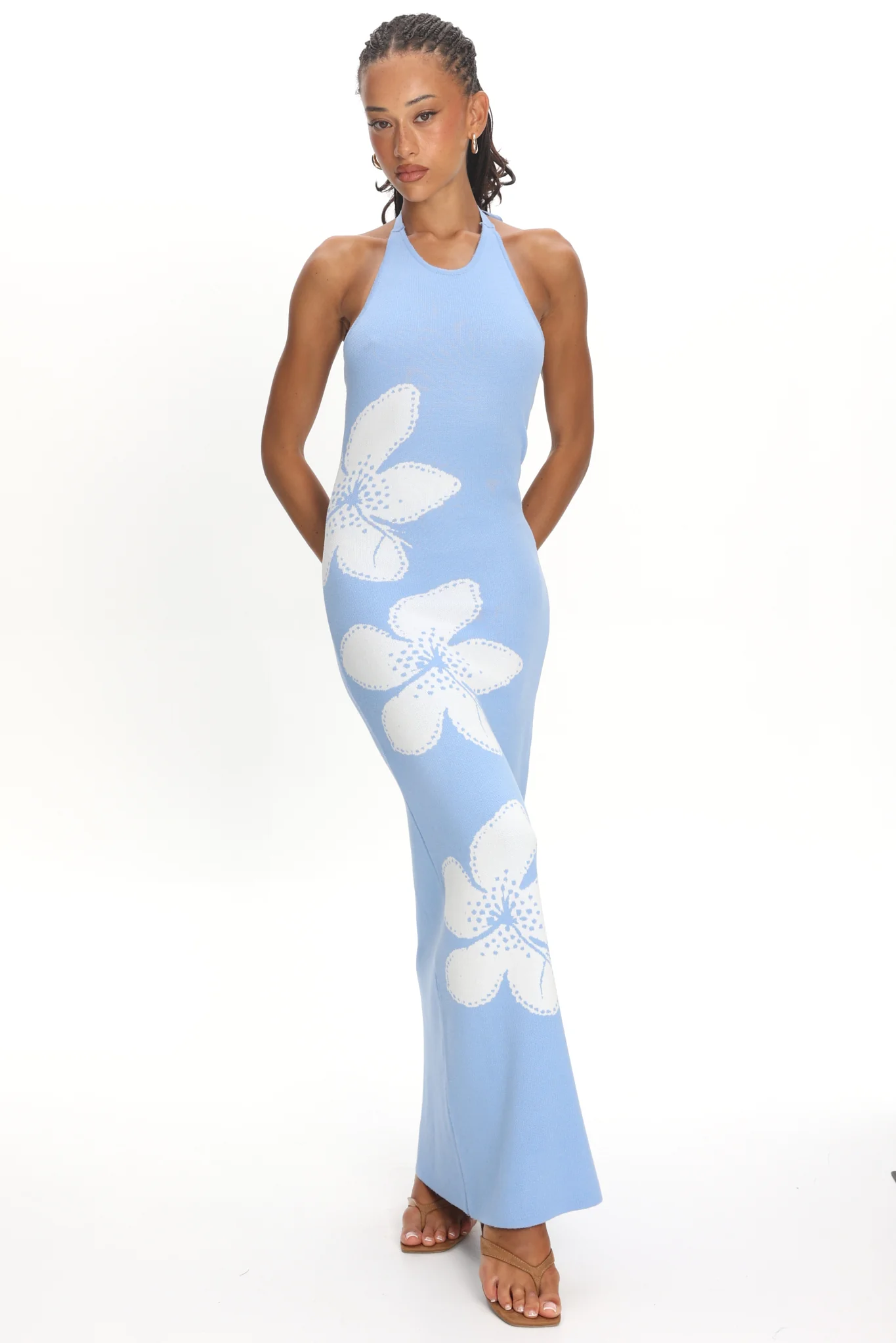 Wildflower Sun Halterneck Knit Dress Flower Blue - luluinthesky