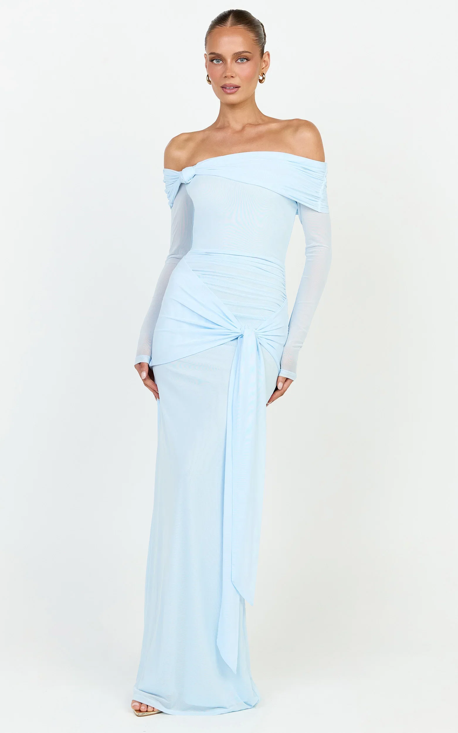 Waverly Maxi Dress - Long Sleeve Off Shoulder Dress in Blue
