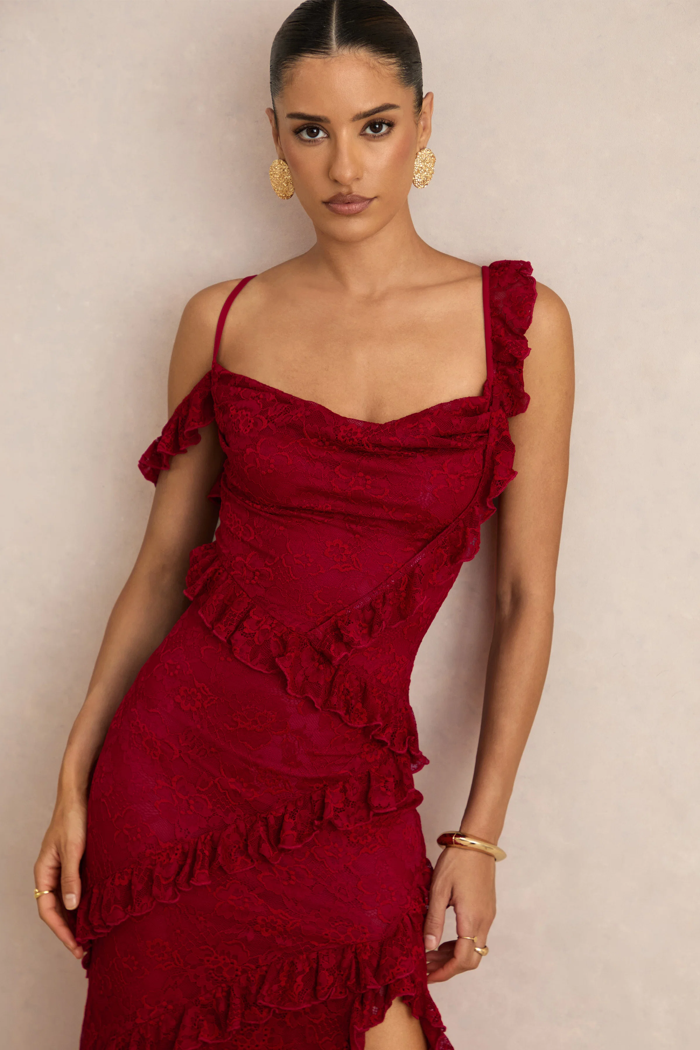 Sera | Red Lace Ruffle Trim Maxi Dress - FASHION NOB