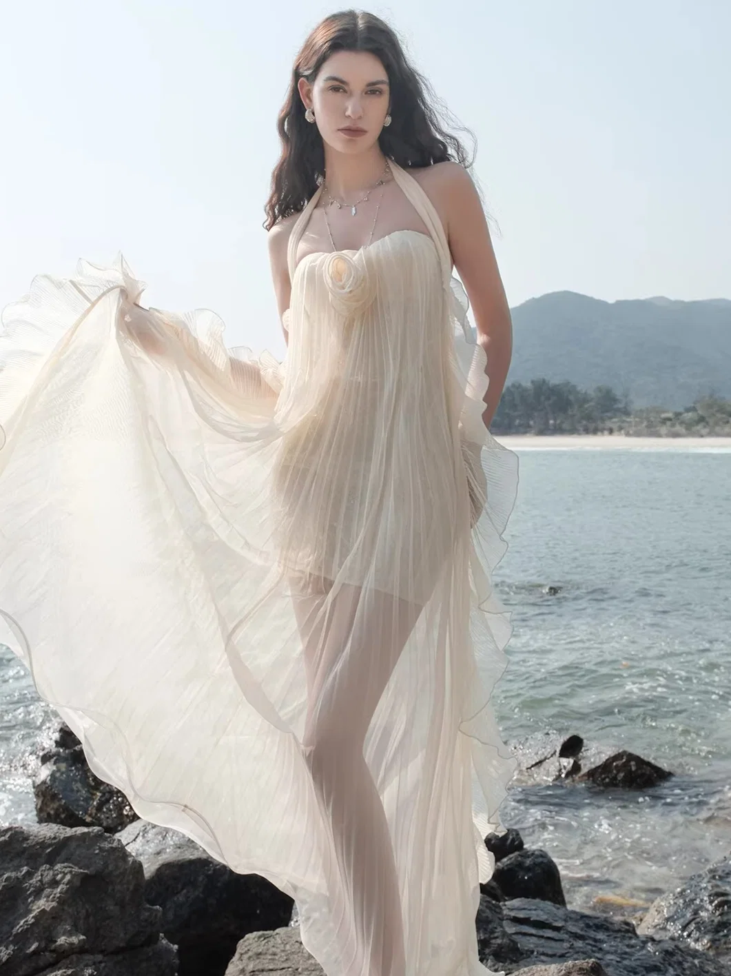 Mesh Halter Backless Strapless Maxi Dress