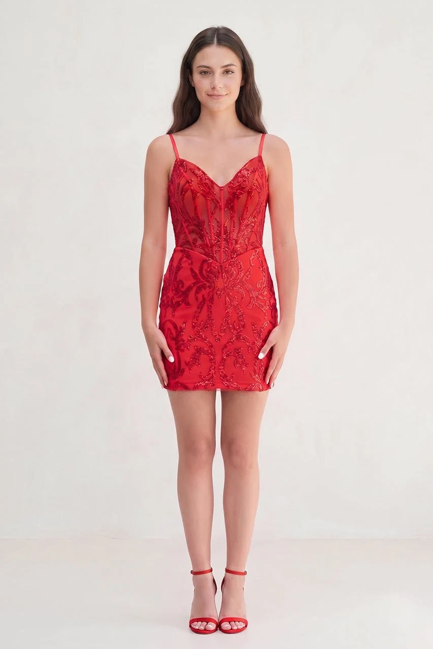 Glitter Hot Pink Fitted V-Neck Spaghetti Straps Sequined Appliques Mini Party Dresses