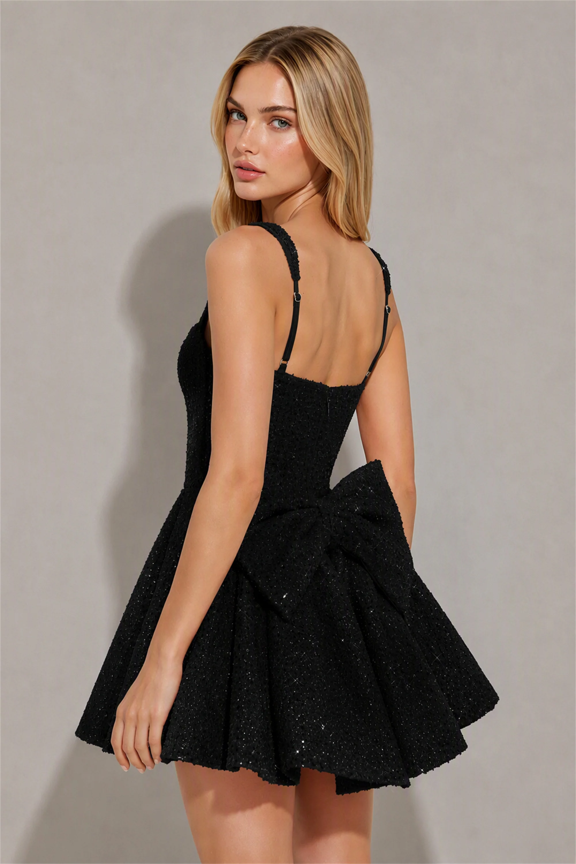 BOLODOO Black Sequin Square Neck Wide Strap Bow Waist Open Back Fit and Flare Mini Dress | Prom Birthday Party Dress