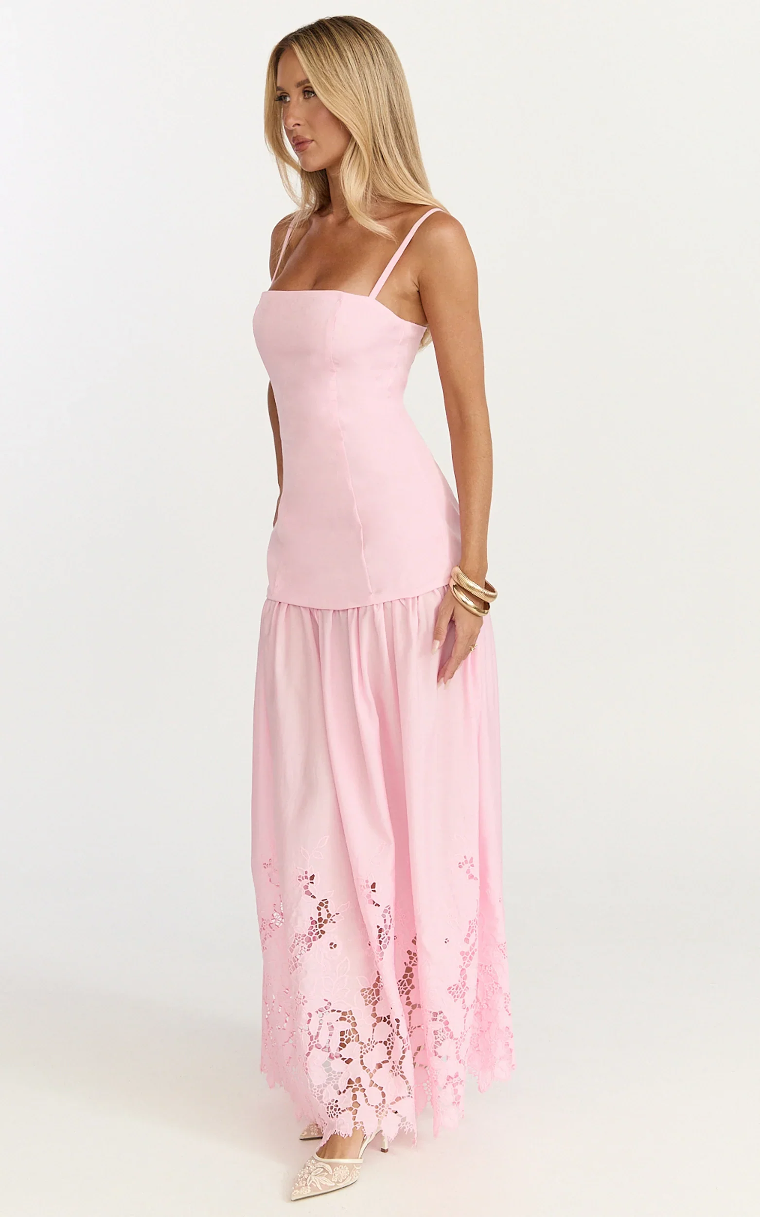 Everly Maxi Dress - Straight Neck Broderie Cut Out Hem Dress in Pink - luluinthesky