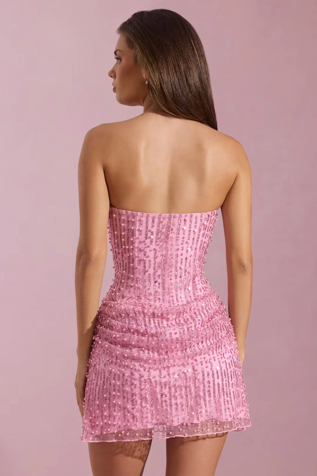 Embellished Draped Strapless A-Line Mini Dress in Pink