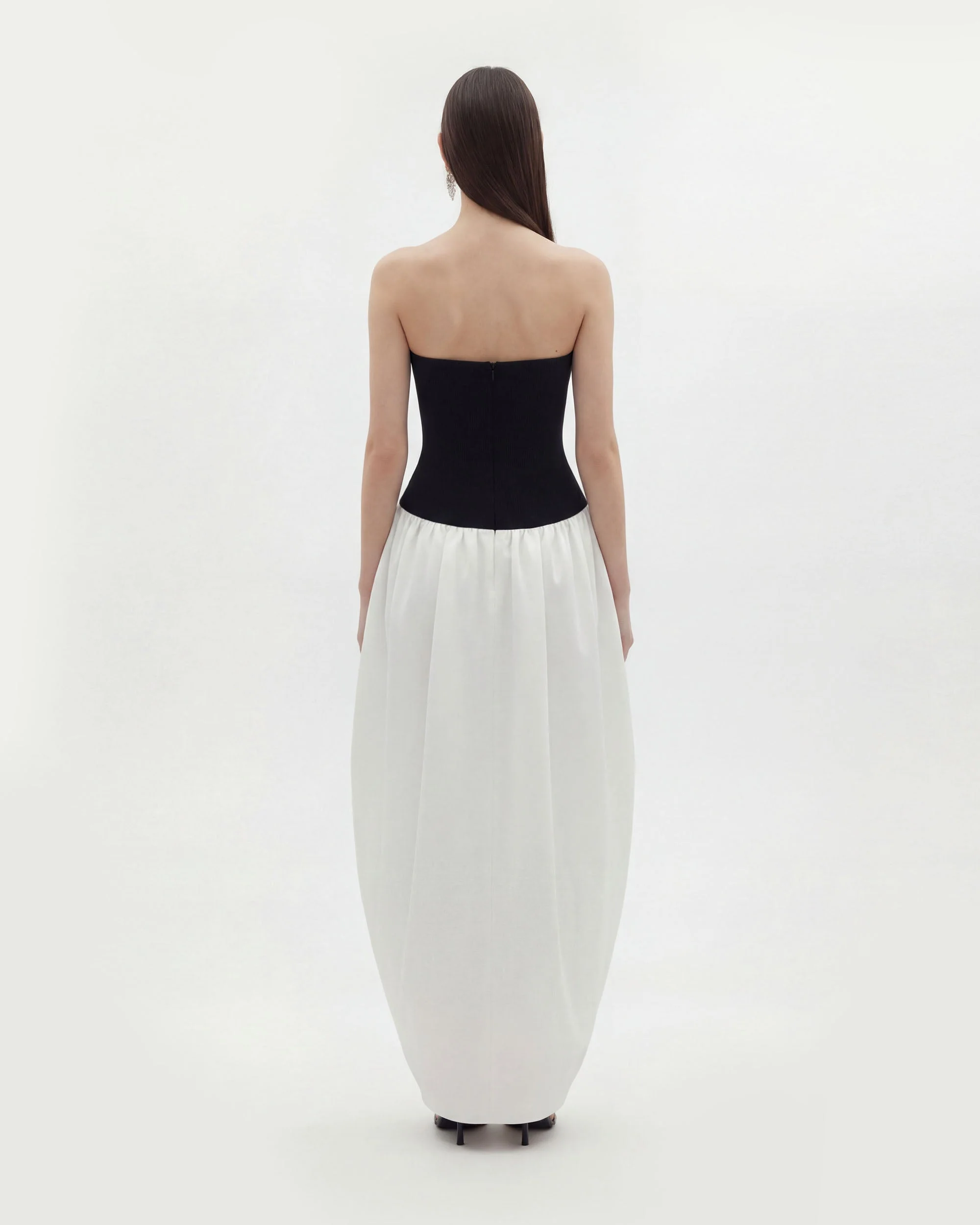 Monochrome Paneled Strapless Sculptural Maxi Dress - Black - FASHION NOB
