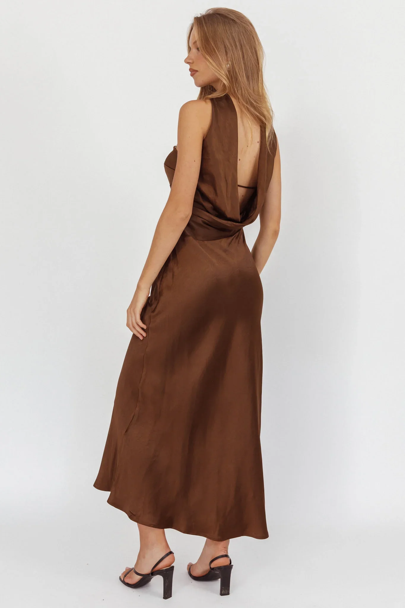 Damsel Reverse Halter Maxi Dress Satin Chocolate