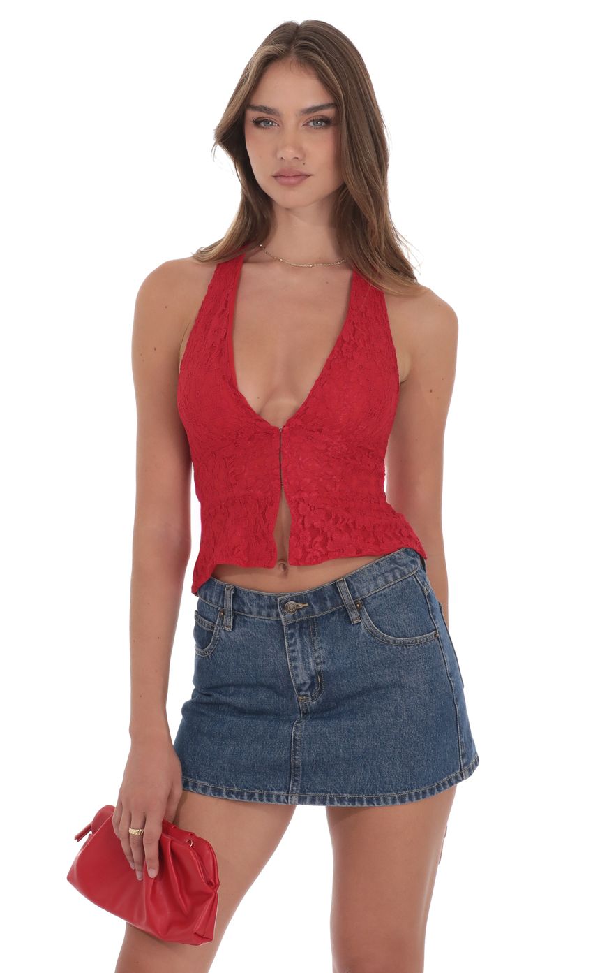 Lace V-Neck Halter Top in Red