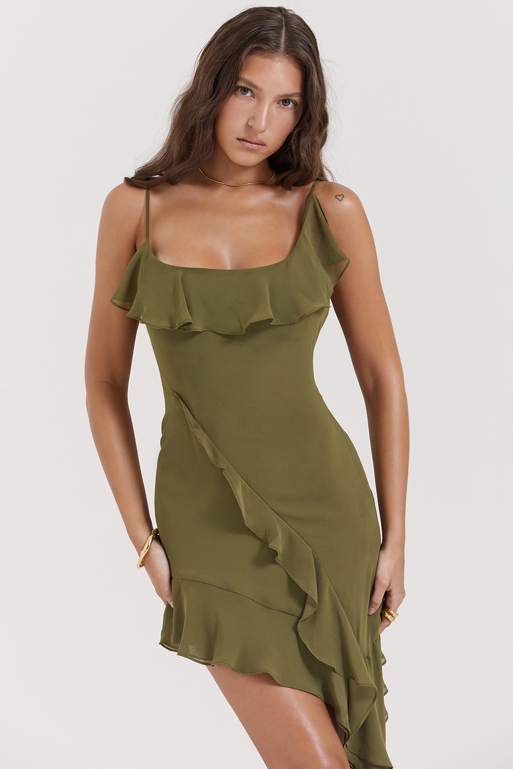 Olive Ruffle Mini Dress