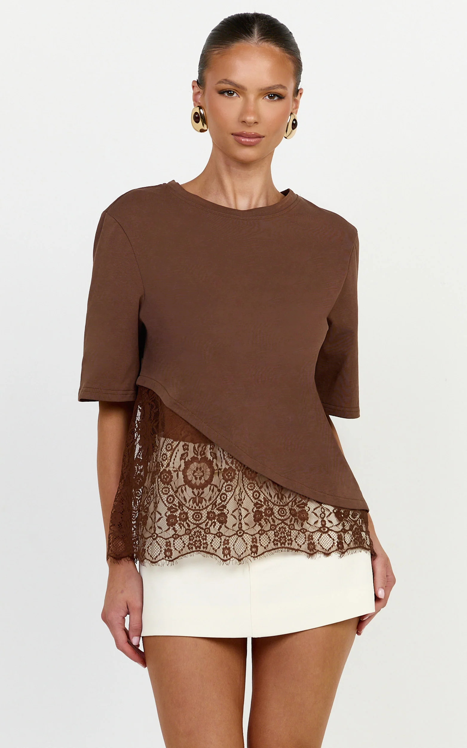 Abby Top - Asym Tee with Lace Trim in Chocolate
