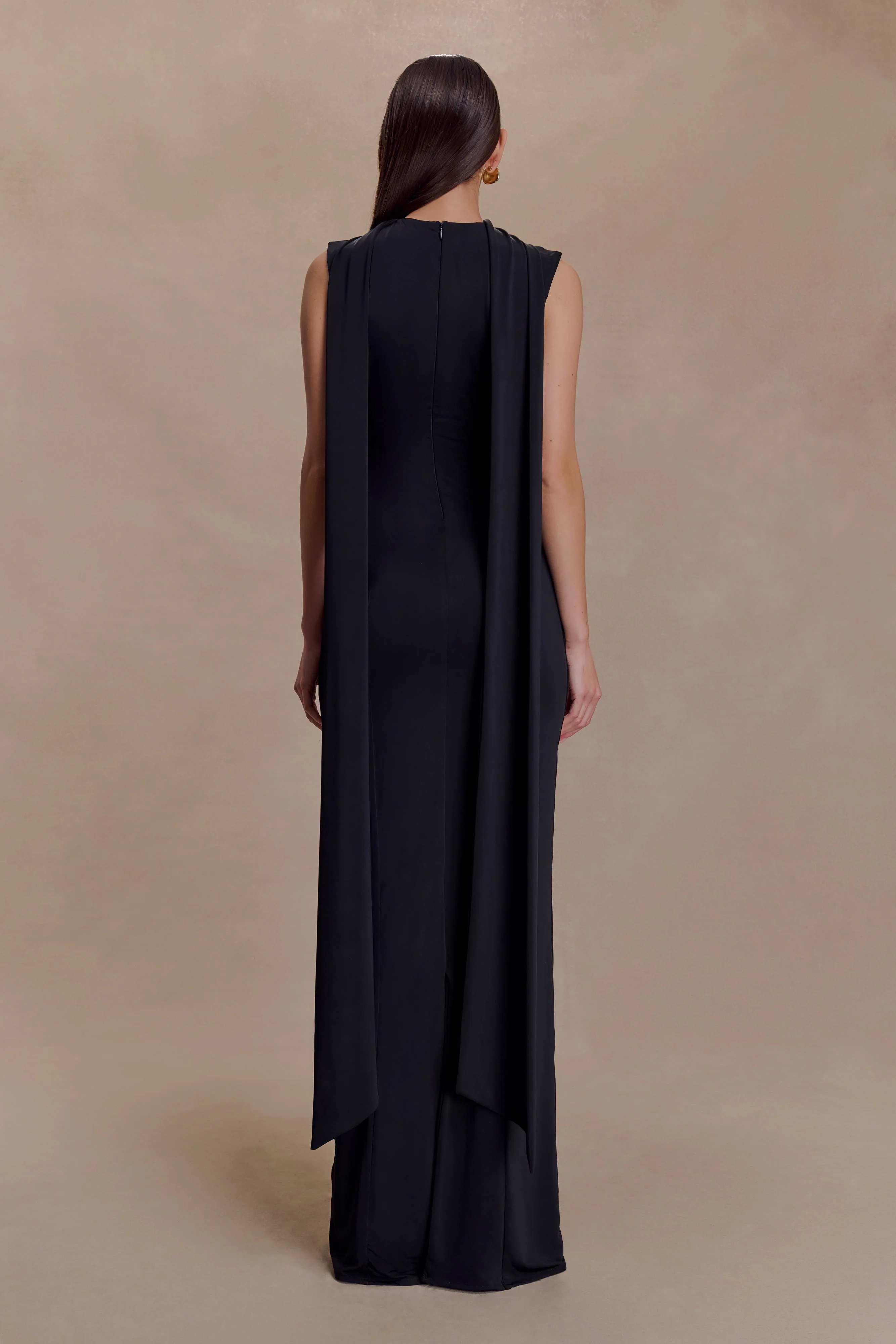 Wisteria Slinky Maxi Dress With Scarf - Black
