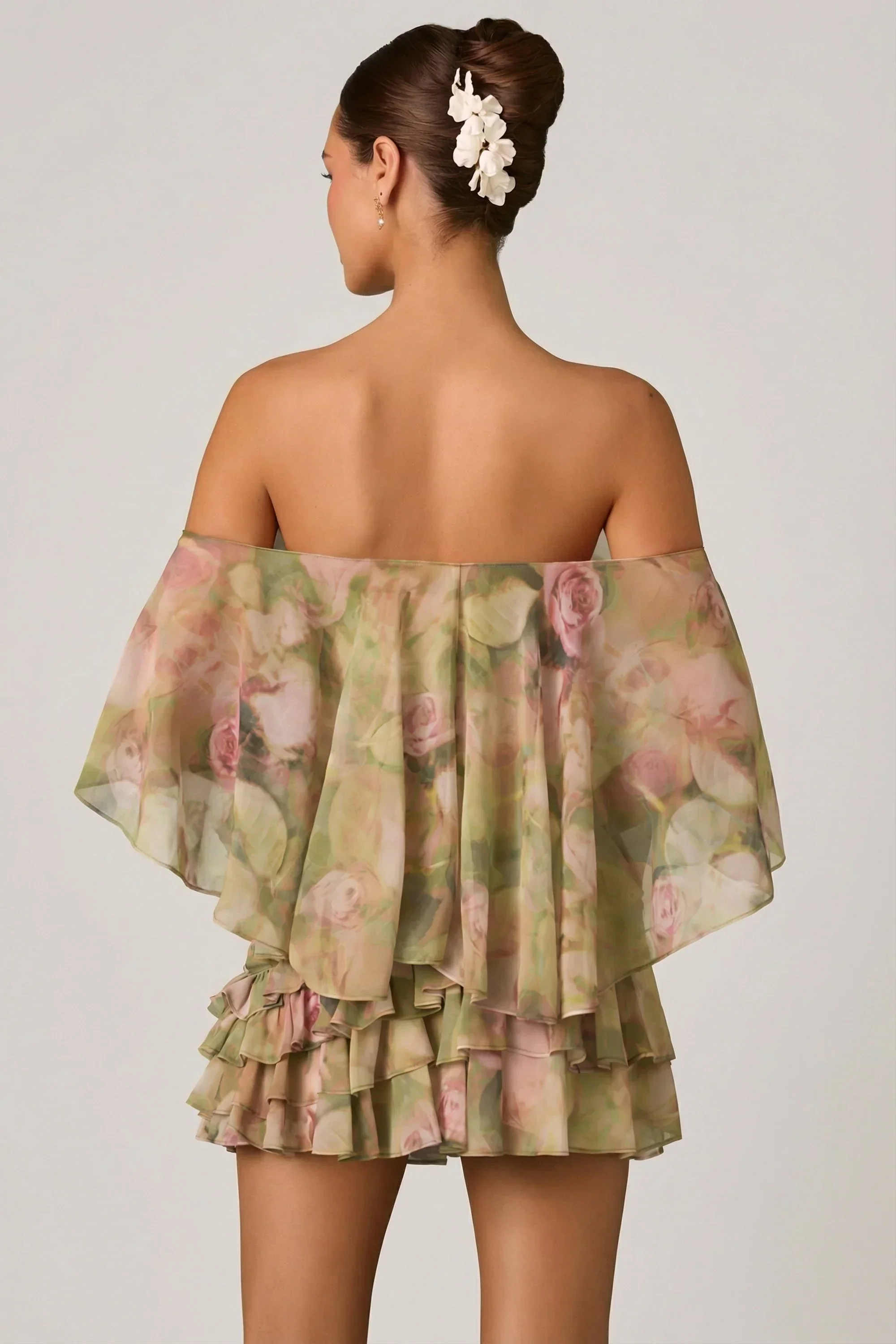 Off-Shoulder Ruffled Mini Dress in Floral Multi Print